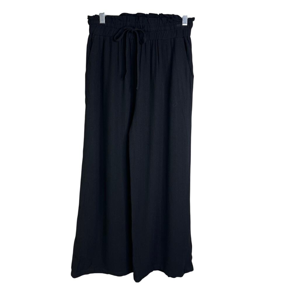 Wide Leg Palazzo Pants Women M Black Casual High Waist‎ Drawstring Pockets